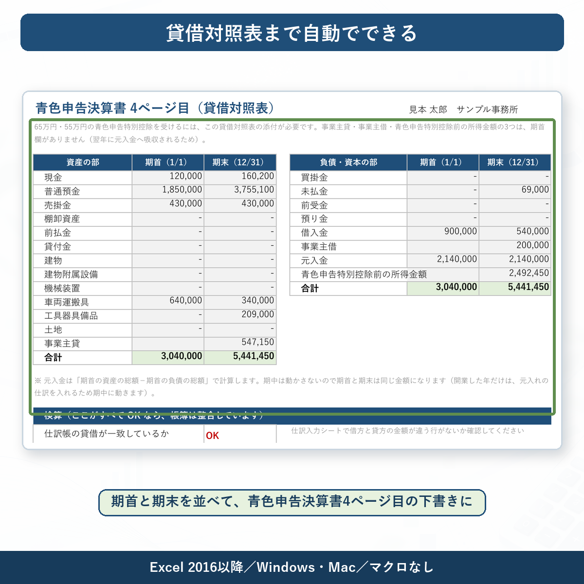 青色申告決算書4ページ目の貸借対照表を自動集計