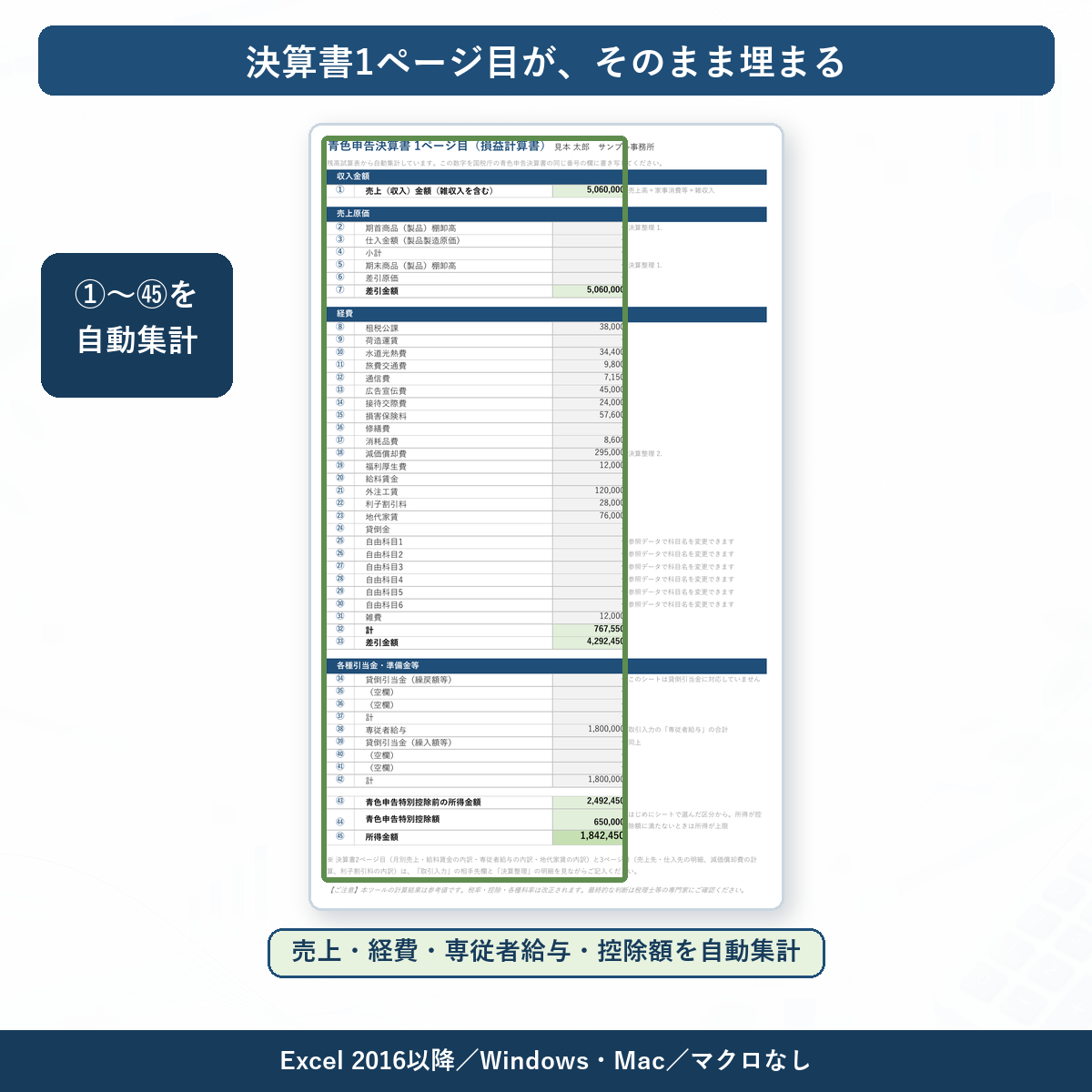 青色申告決算書1ページ目の損益計算書を自動集計